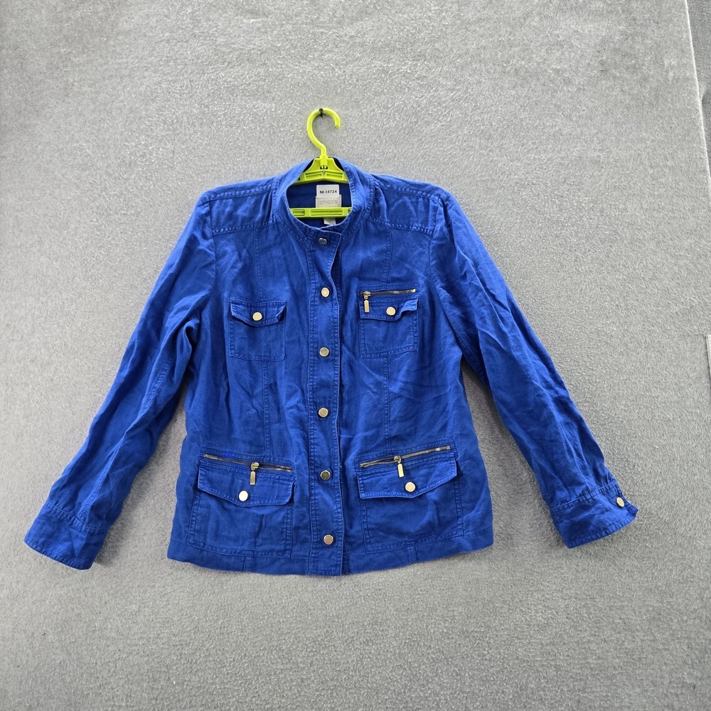Chico's Women Jacket 1 Blue Linen Utility Zipper Safari